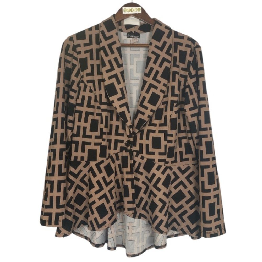 NY Invasion Geometric Patterned Black and Tan Women's Jacket Blazer / Wms 1X